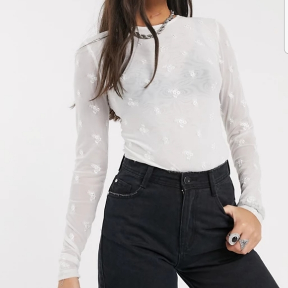 Free People Make Out Mesh White Sheer Floral Long Sleeve Bodysuit - Picture 6 of 8